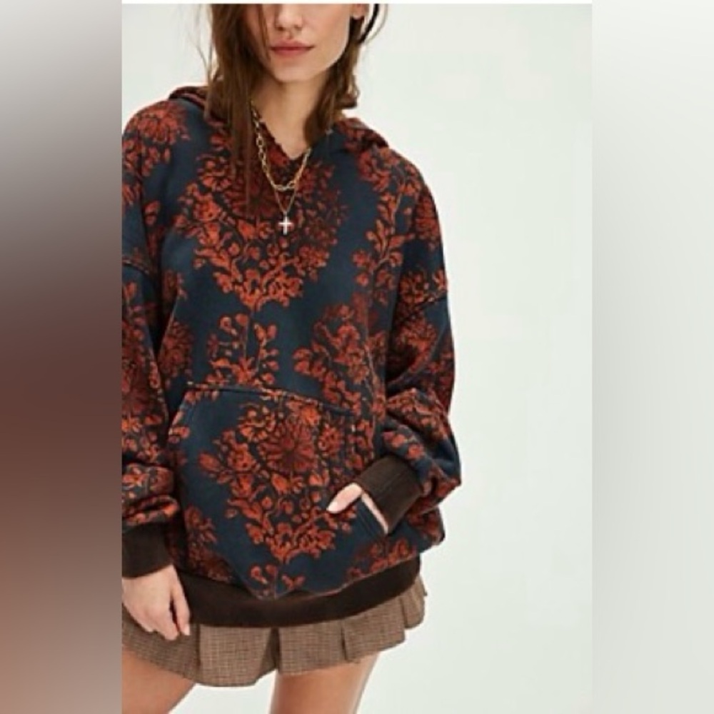 Free People Blue and Orange It’s a Vibe Floral Hoodie